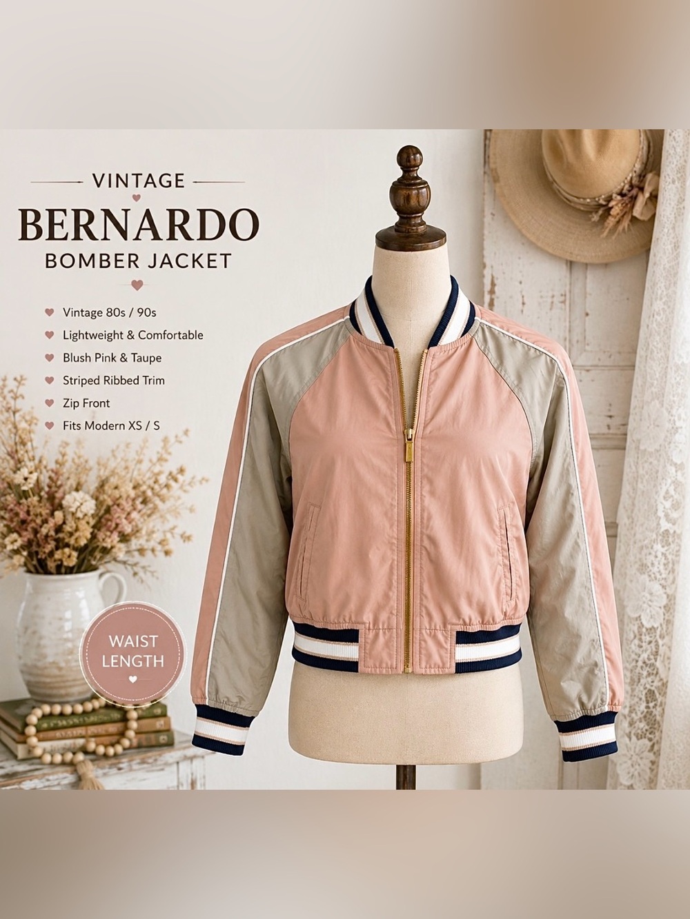 Bernardo -vintage Y2K- Peach and Beige Bomber Jacket with Stripe Trim